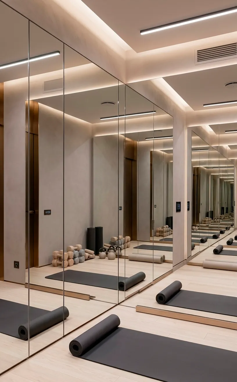 Large frameless gym mirrors on a wall reflecting a clean workout space with a yoga mat.