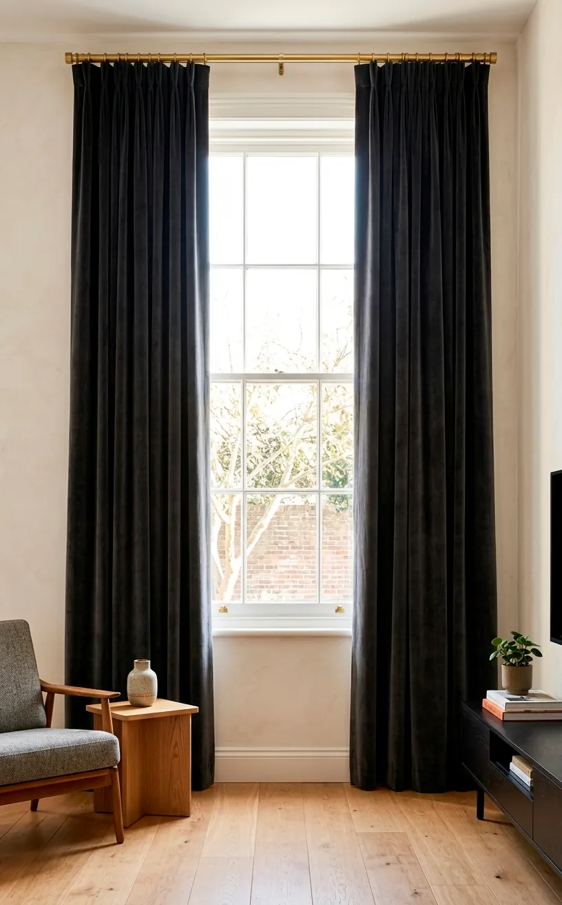 Floor to ceiling charcoal velvet curtains mounted high to create height in a small room.