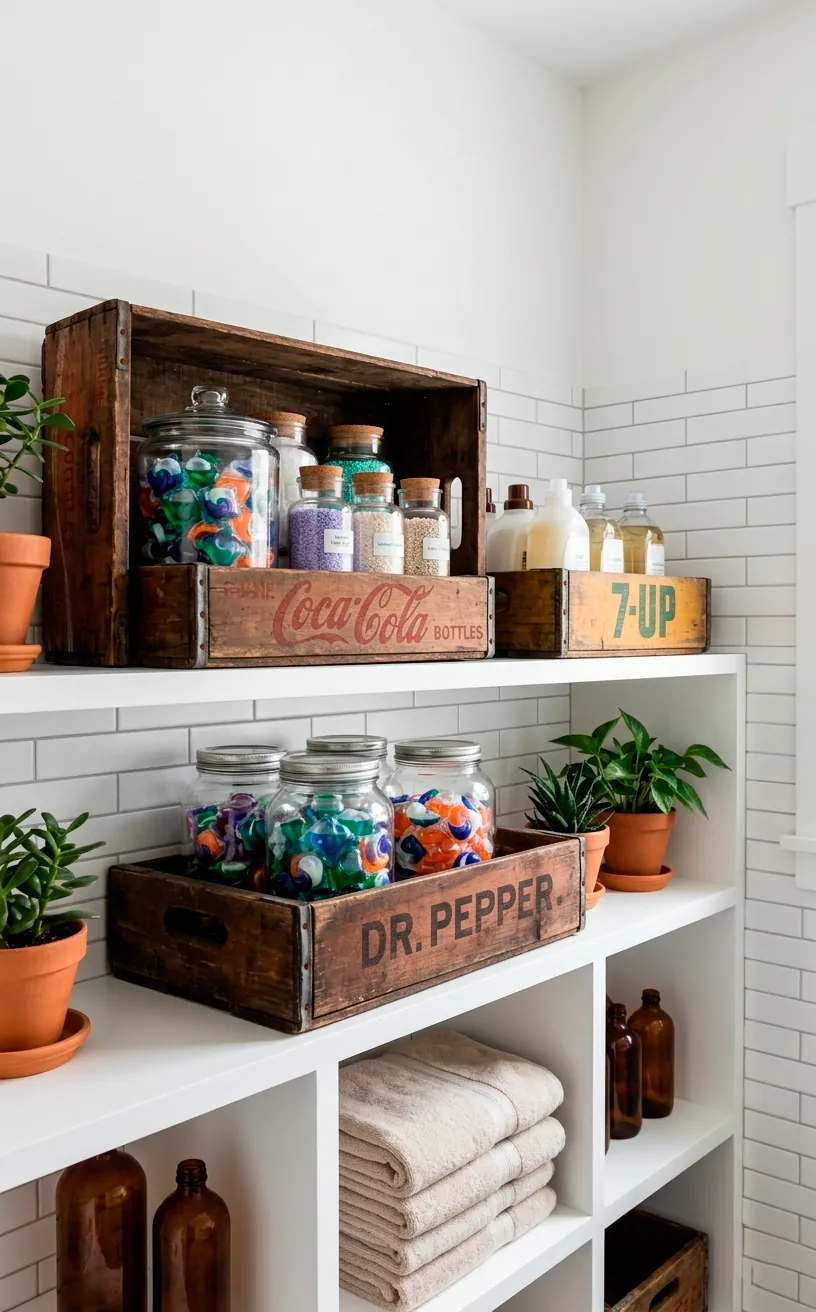 Organized laundry room shelves using vintage wooden soda crates for storage and detergent pods.