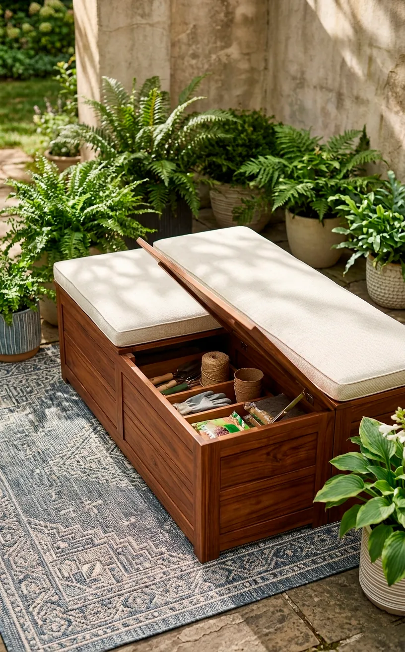 Teak outdoor storage bench with cream cushions and hidden storage in a small patio.