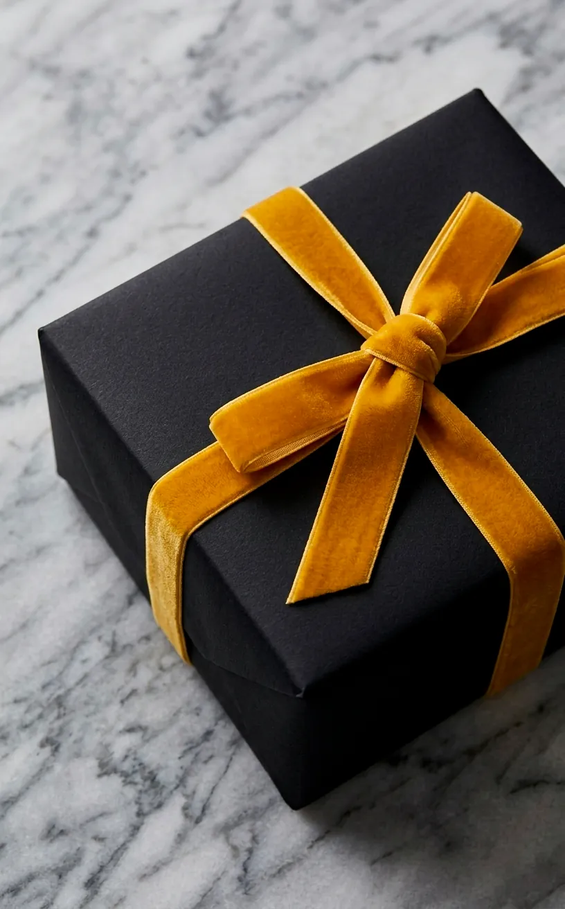 Gift box wrapped with mustard yellow velvet ribbon on a marble surface.
