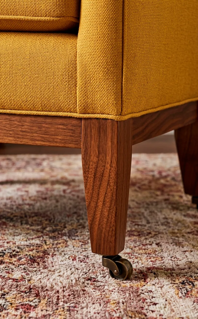 Close-up of walnut legs and mustard yellow fabric on a retro accent chair.