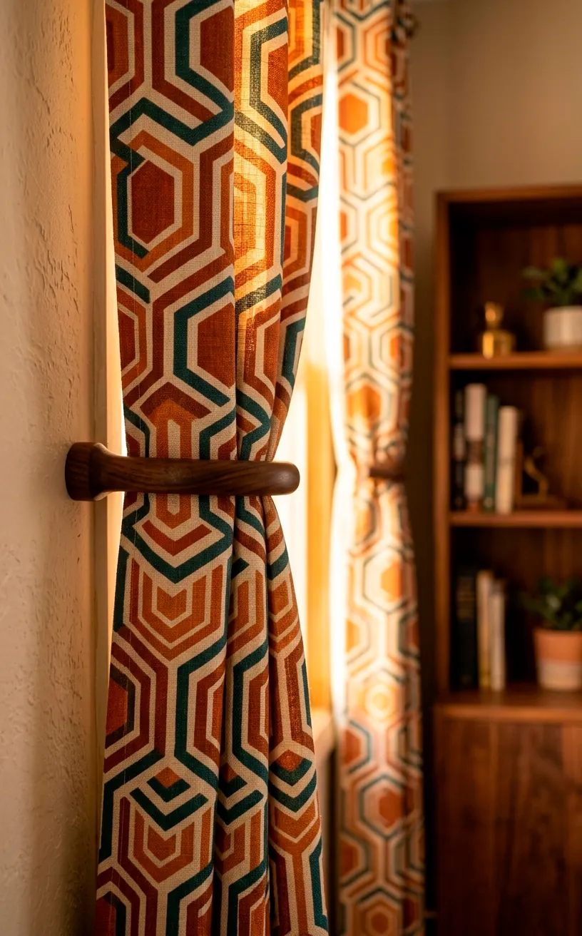 Detail shot of sunlight filtering through geometric patterned curtains.