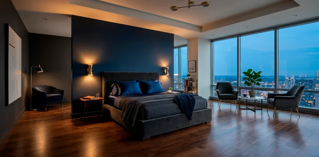 Sophisticated master bedroom with deep navy walls and charcoal velvet furniture in a moody lighting setup.