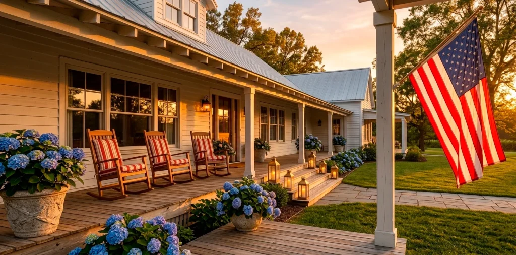 Wide panoramic view of a classic patriotic American porch with flags, rocking chairs, and summer flowers.