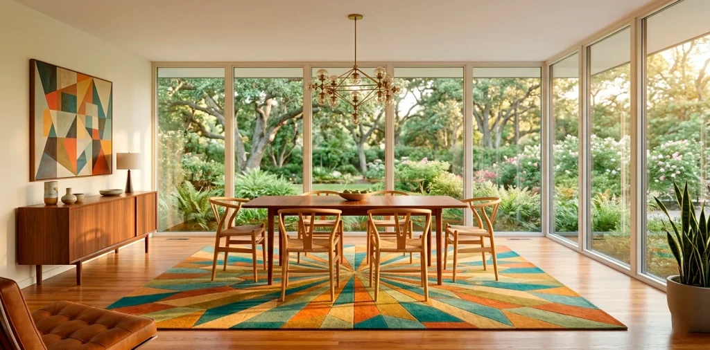 Wide landscape view of a mid-century modern dining room with a colorful geometric rug and walnut furniture.