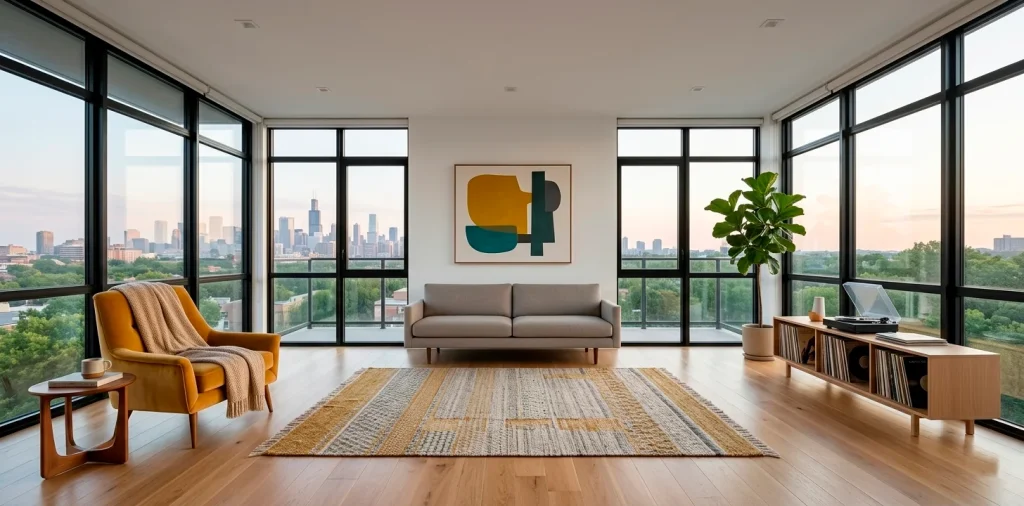 Wide shot of a modern studio apartment with mustard yellow decor accents and natural light.
