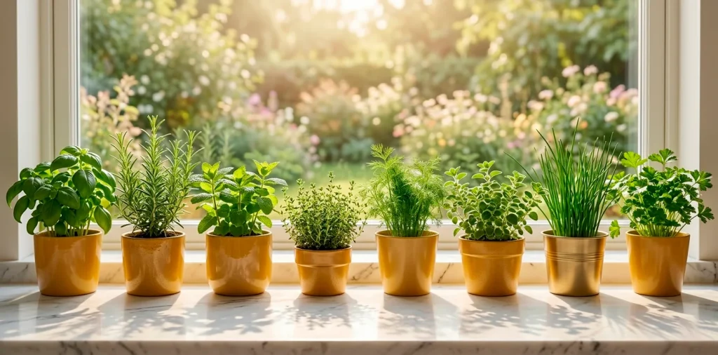 A lineup of eight sunny mustard yellow herb pots on a bright kitchen windowsill with fresh green herbs.