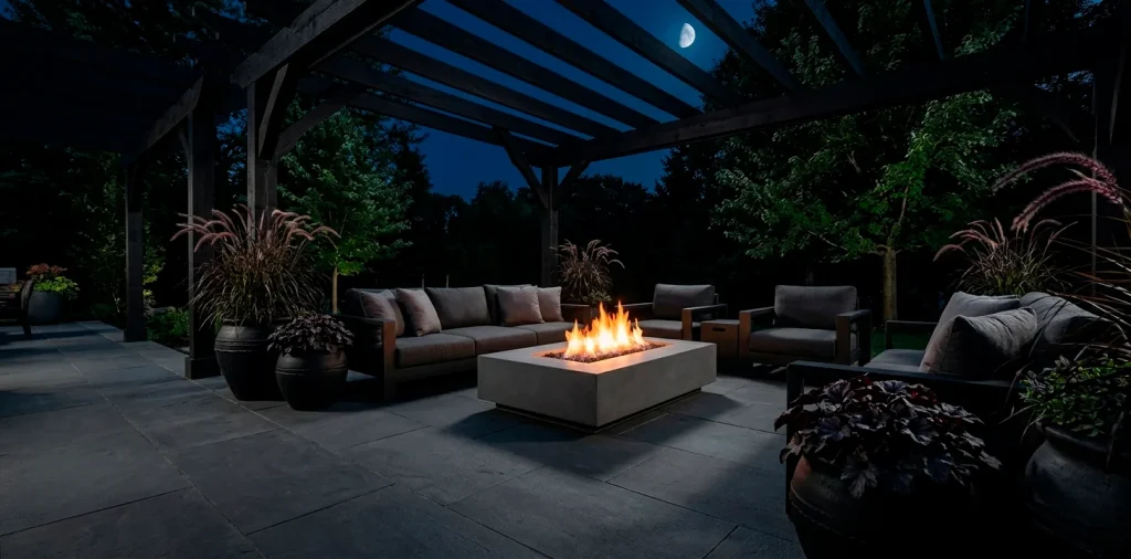 Wide panoramic view of a moody dark backyard patio with fire pit and charcoal furniture at night.