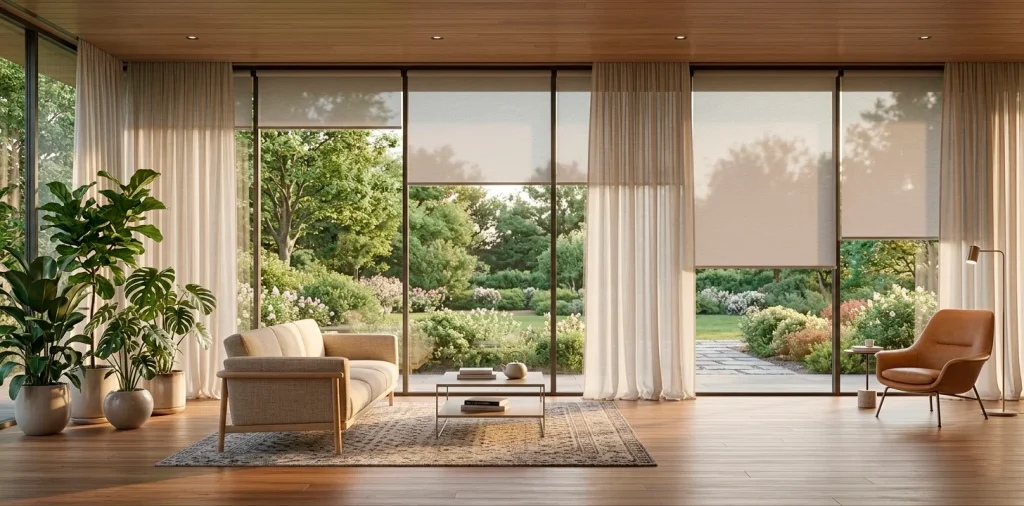 Wide view of a modern sunroom featuring elegant linen curtains and sleek roller shades for light control.
