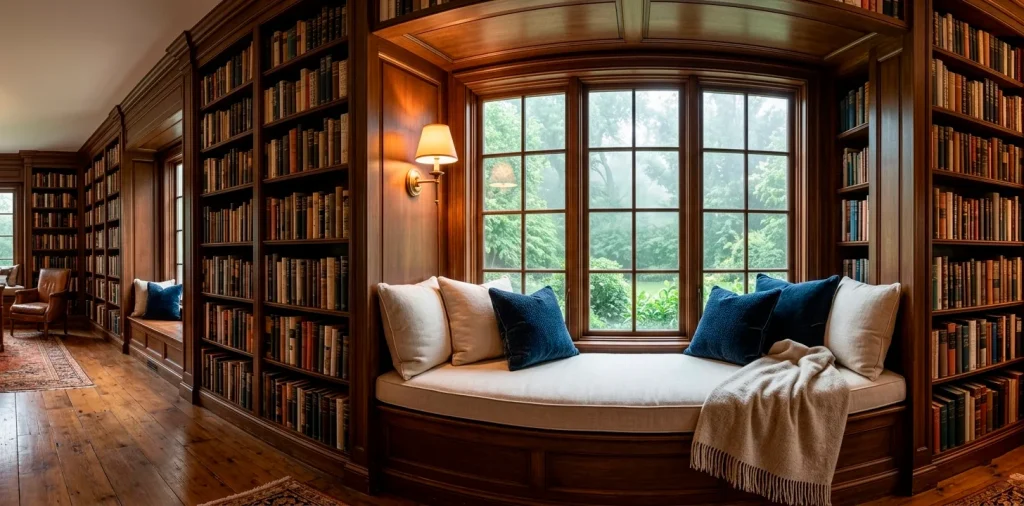 Wide landscape shot of a cozy home library window seat with dark wood bookshelves and plush cushions.