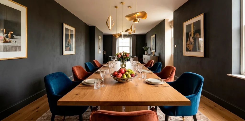 Sophisticated dining room with matte charcoal walls, oak table, and gold pendant lighting.