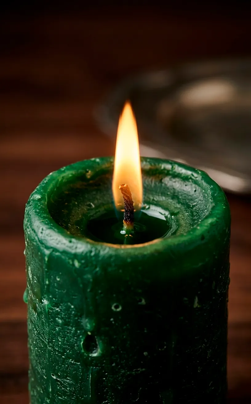 Close-up of a burning forest green beeswax taper candle wick and flame.