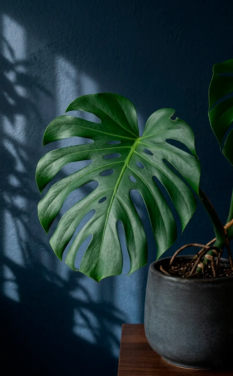Green monstera plant in a charcoal pot against a deep navy blue wall.