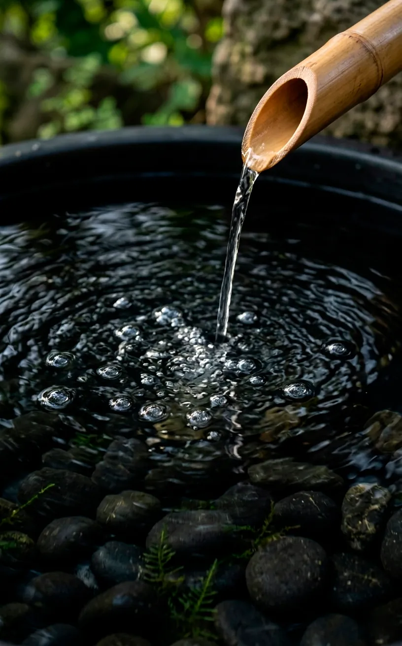 Close-up of a bamboo water spout dripping into a matte black garden pond.