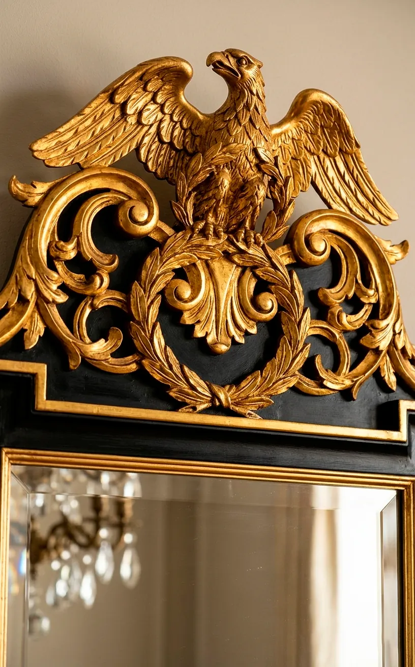 Close-up of a golden eagle ornament on top of an antique Regency mirror.