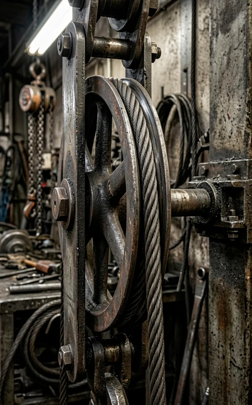 Close-up of a cast iron pulley wheel and steel cable.