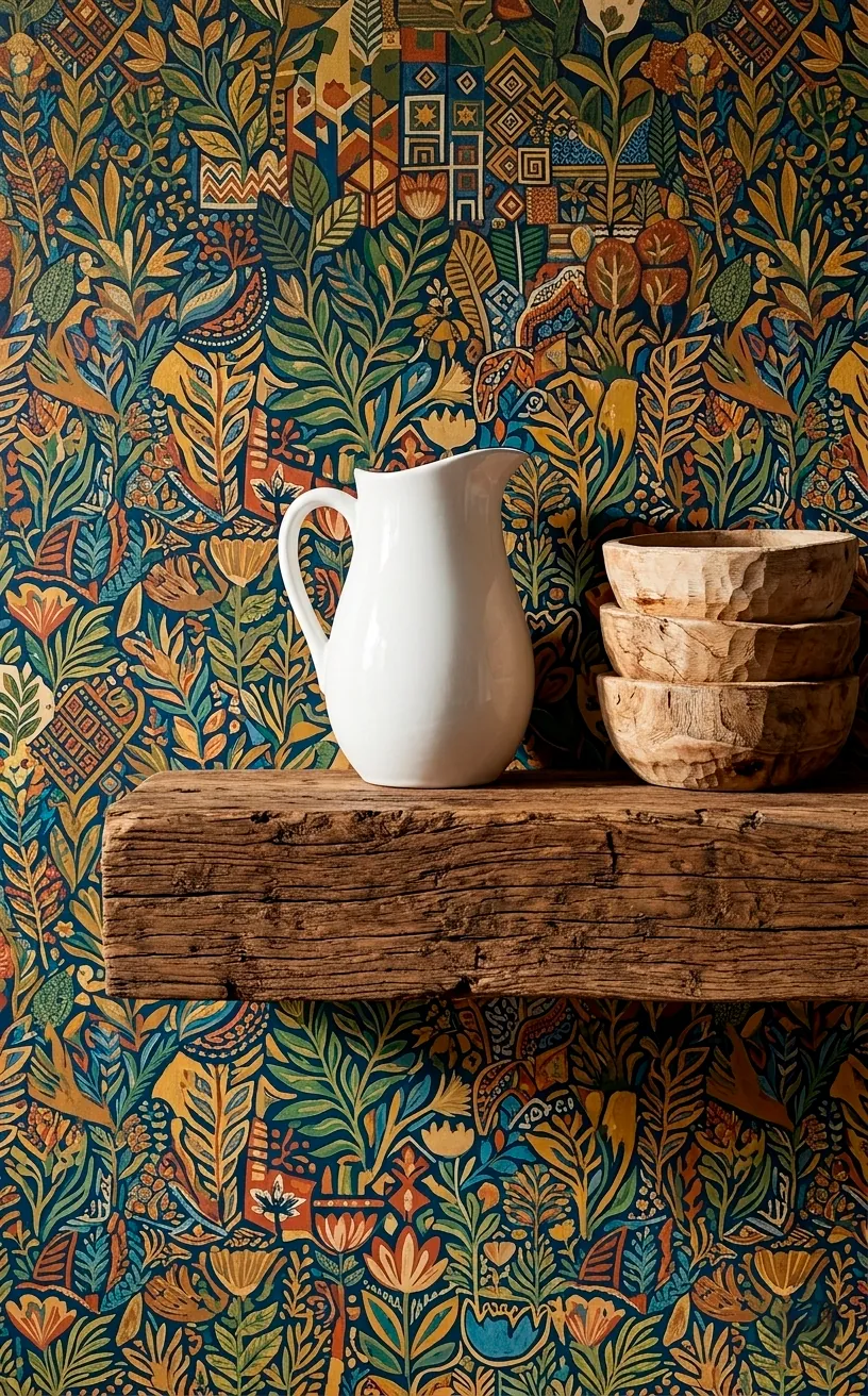 Reclaimed wood shelf with white ceramic pitcher against a vibrant patterned kitchen wall.