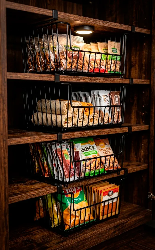 Multiple wire under-shelf organizers maximizing space in a wooden cupboard.