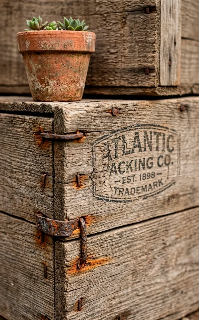 Detailed shot of weathered wood and vintage crate logo.