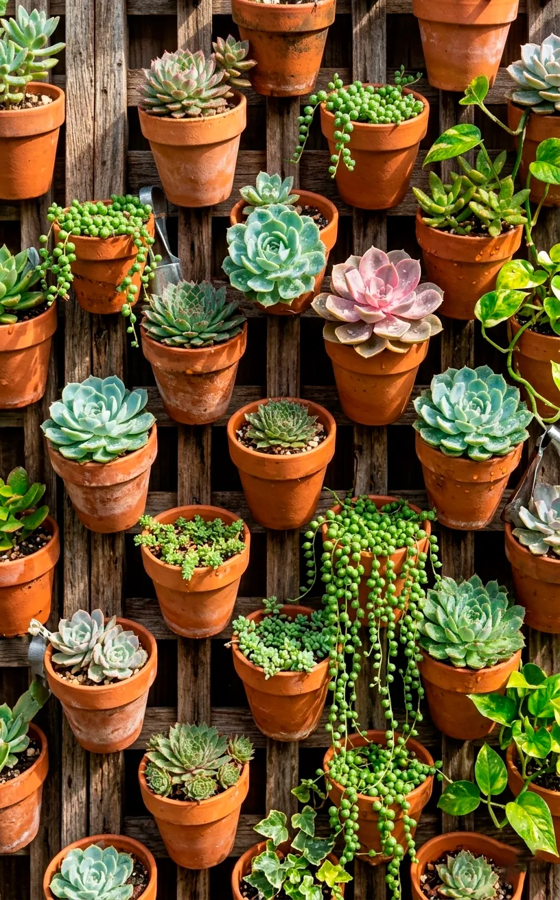 Close up of wall-mounted terracotta pots on a wooden garden trellis.