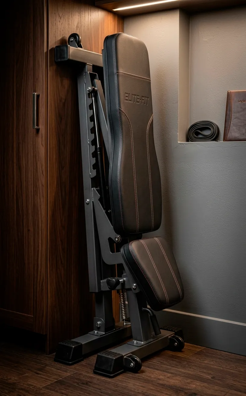 Folded compact workout bench stored in a small gap, highlighting space-saving design.