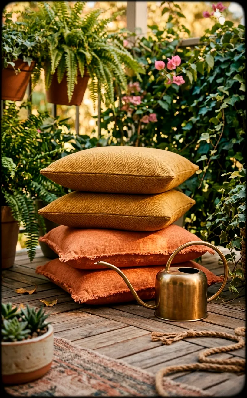 Close-up of mustard yellow and burnt orange pillows with a brass accent.