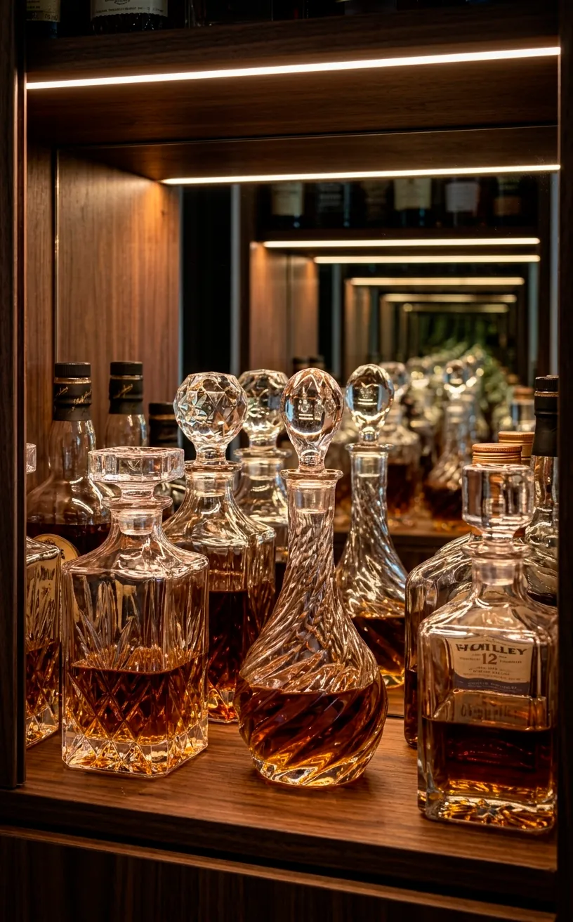 Interior of a bar cabinet with a mirrored back reflecting glass decanters.