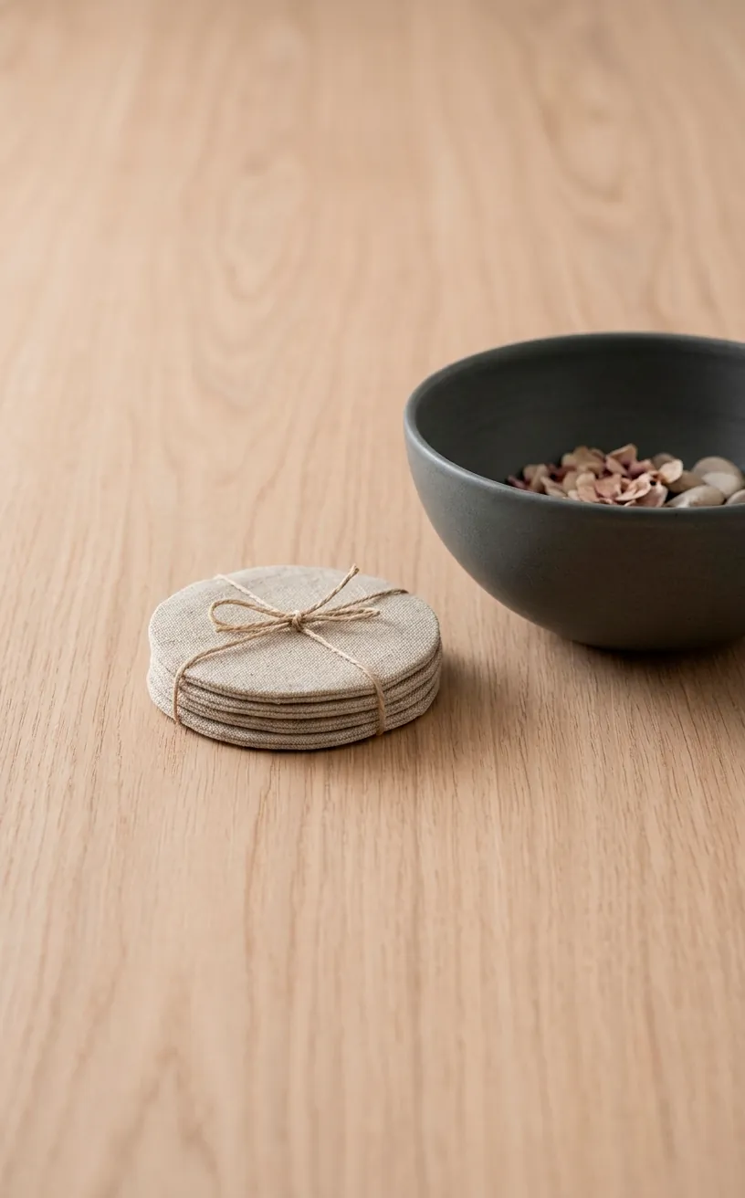 Detail of light oak floating shelf with minimalist ceramic decor and natural grain.