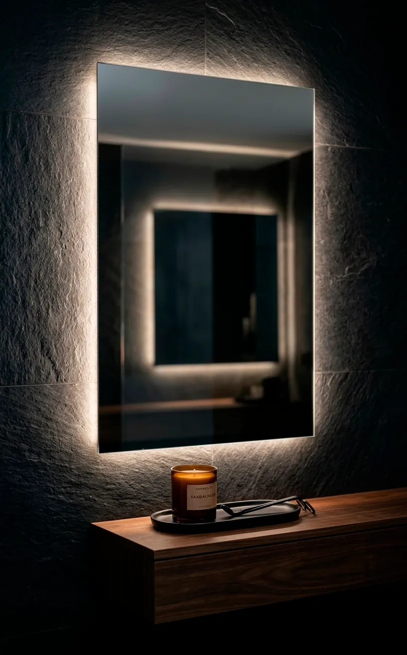 Modern backlit mirror in a dark bathroom with a designer candle.