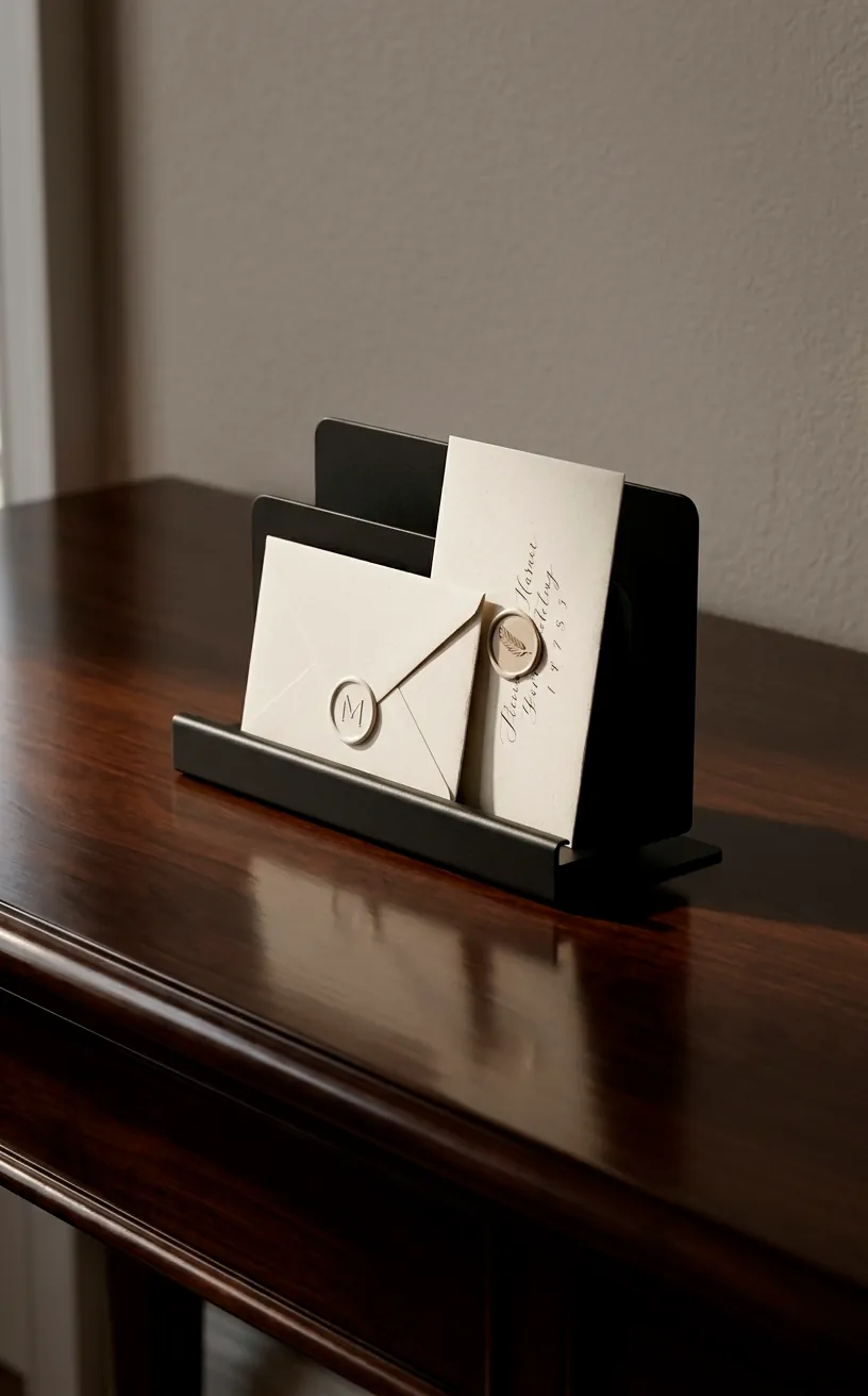 Sleek black metal mail organizer with minimal mail on a clean modern console table.