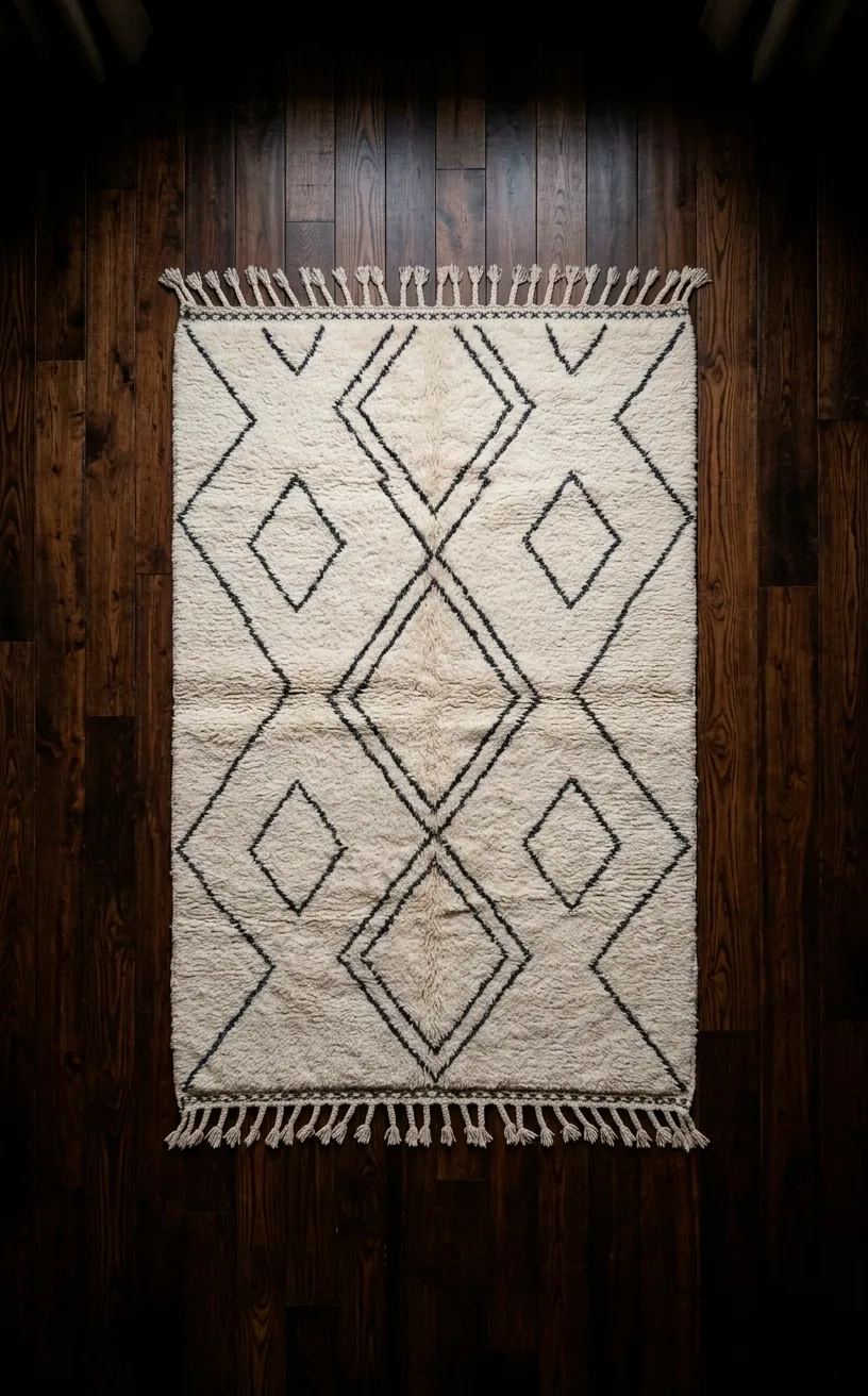 Cream Moroccan rug on a dark wood floor creating high visual contrast.