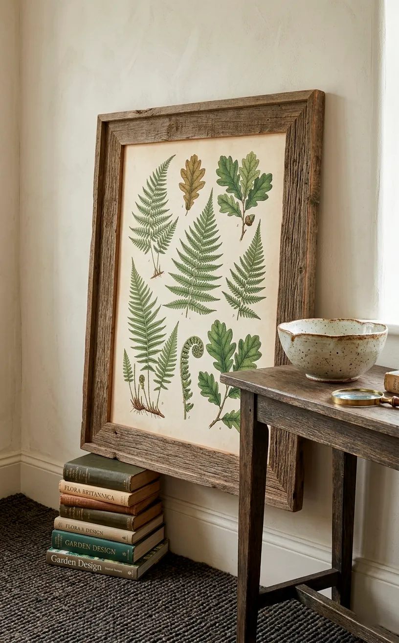 Botanical print in a reclaimed wood frame leaning on a console table.