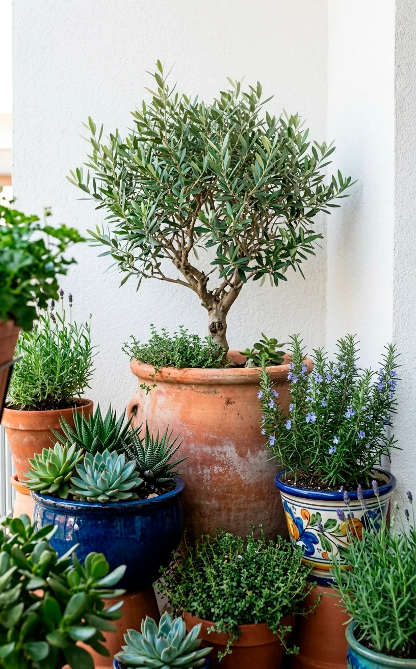 Layered potted plants including olive trees and rosemary against a white wall.