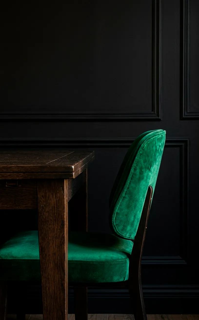 Emerald green velvet dining chair against a matte black wall with molding.