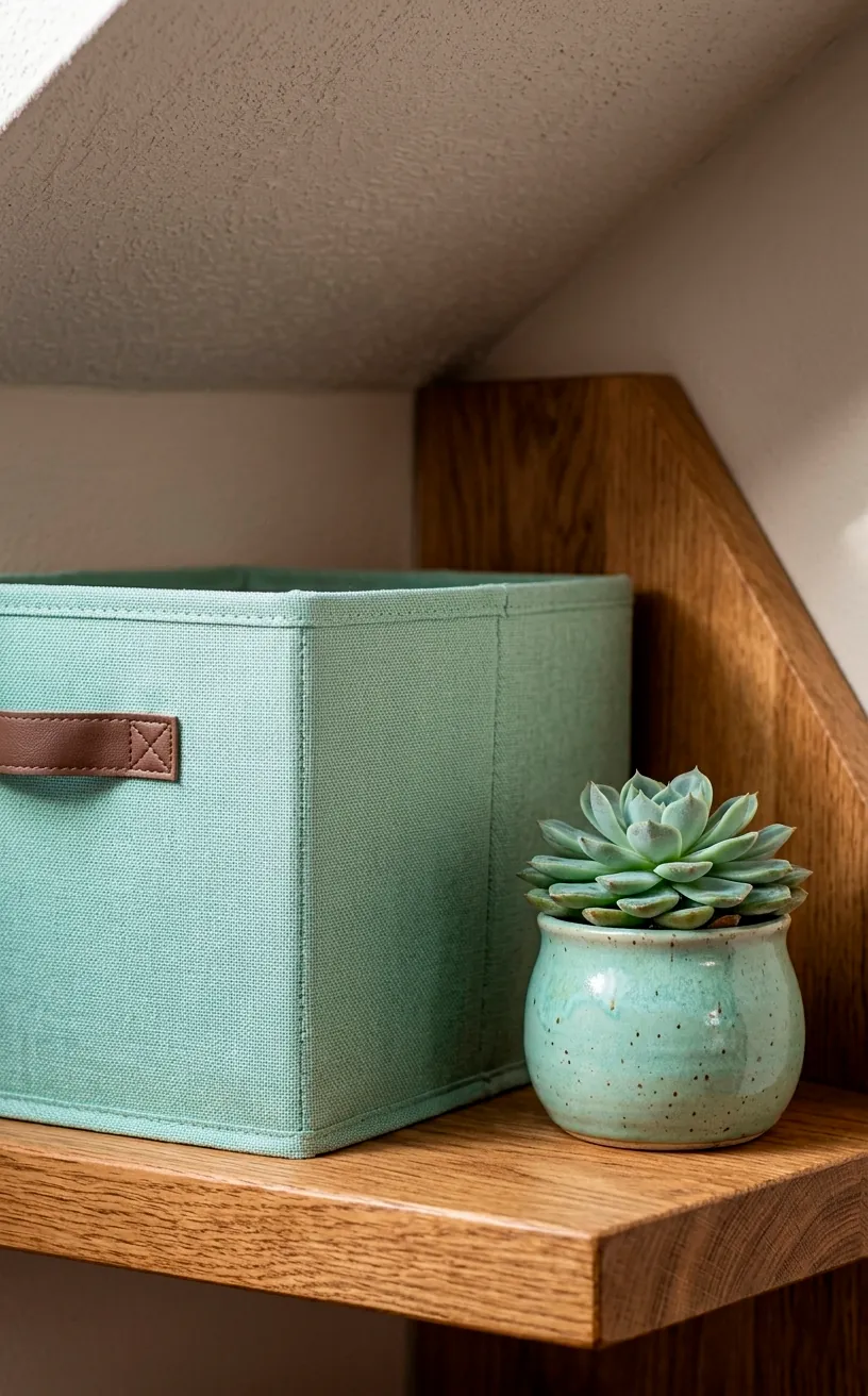Close-up of an oak shelf with a mint green storage box and a succulent plant.