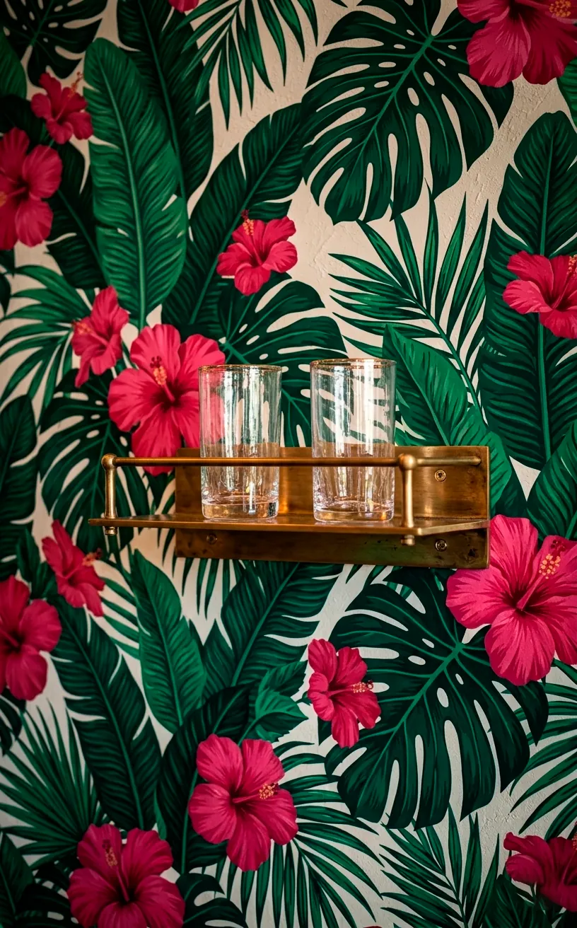 Tropical leaf wallpaper backsplash with a brass shelf and cocktail glasses.