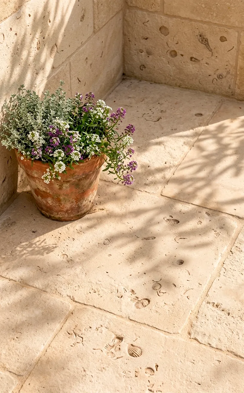 Close-up of light limestone pavers with a terracotta pot and soft shadows.