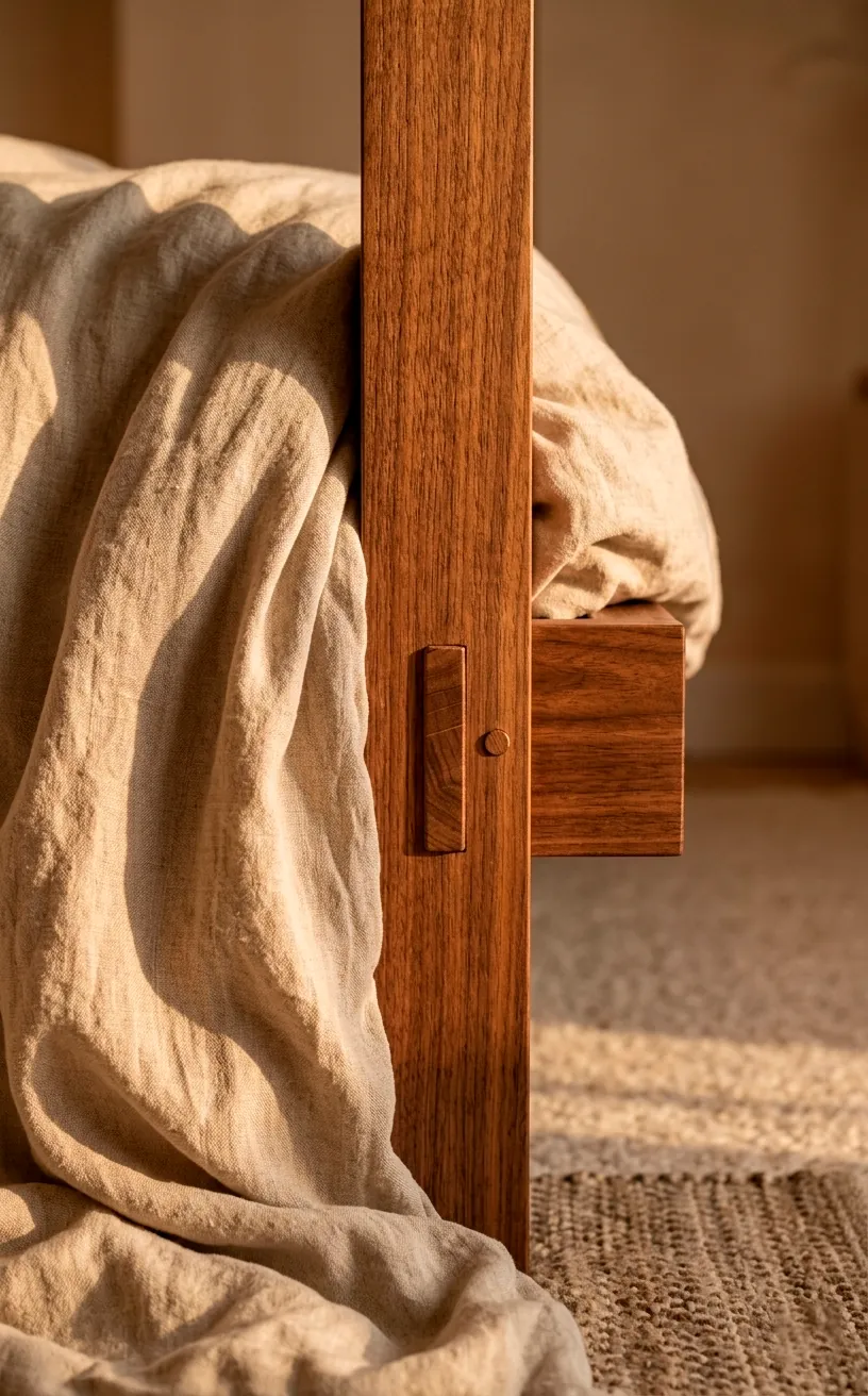 Detail of a handmade wood bed frame corner with linen sheets.