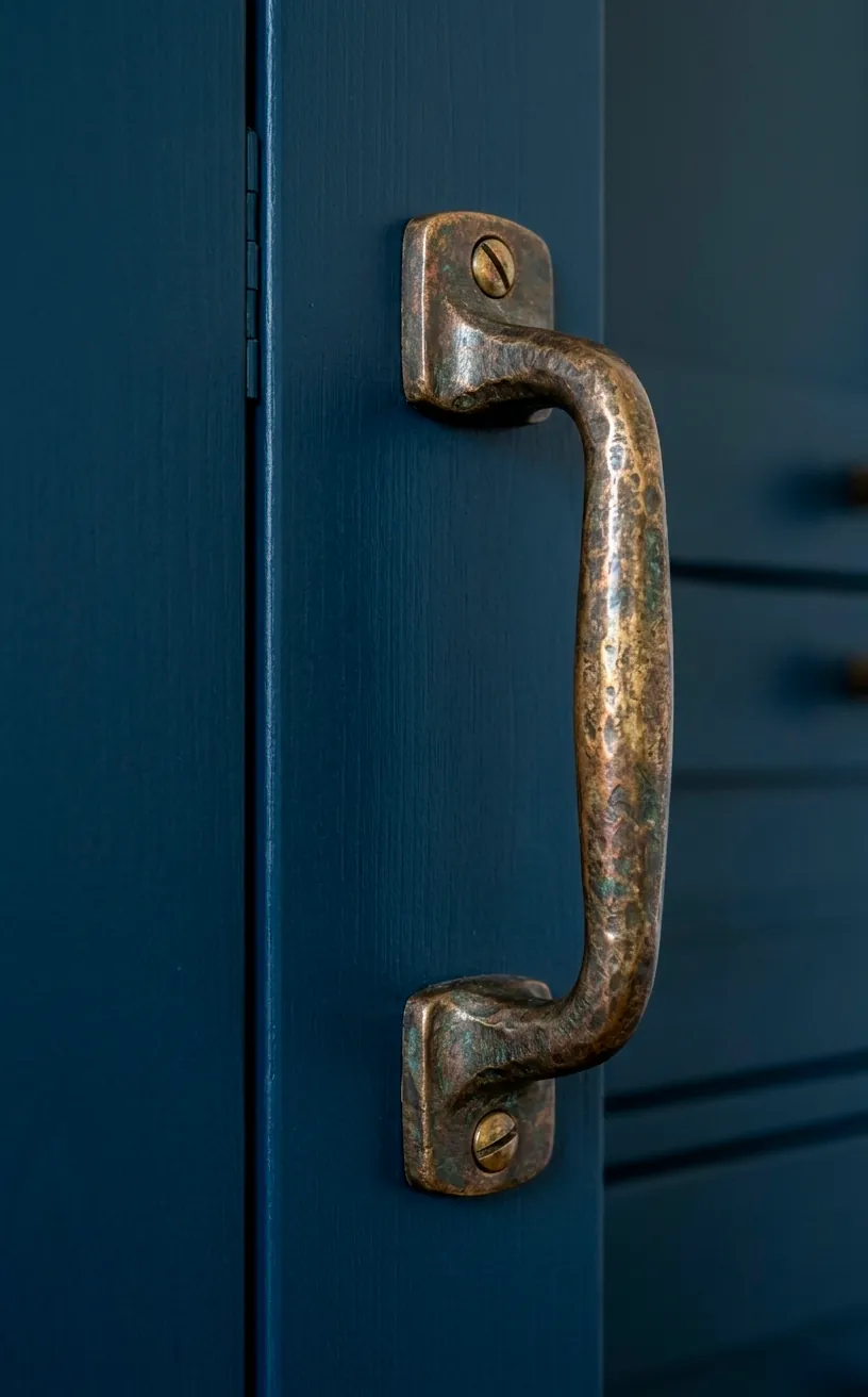 Unlacquered brass cabinet hardware with a natural patina on modern navy blue laundry cabinetry.