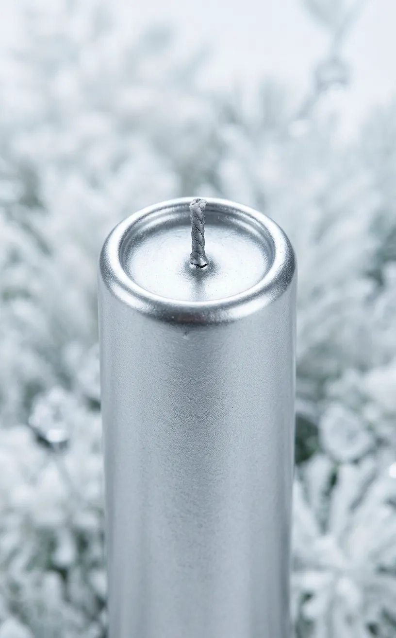 Close-up of a sleek metallic silver candle wick and finish.