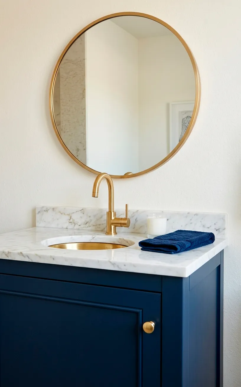 Navy bathroom vanity with gold faucet and marble top.
