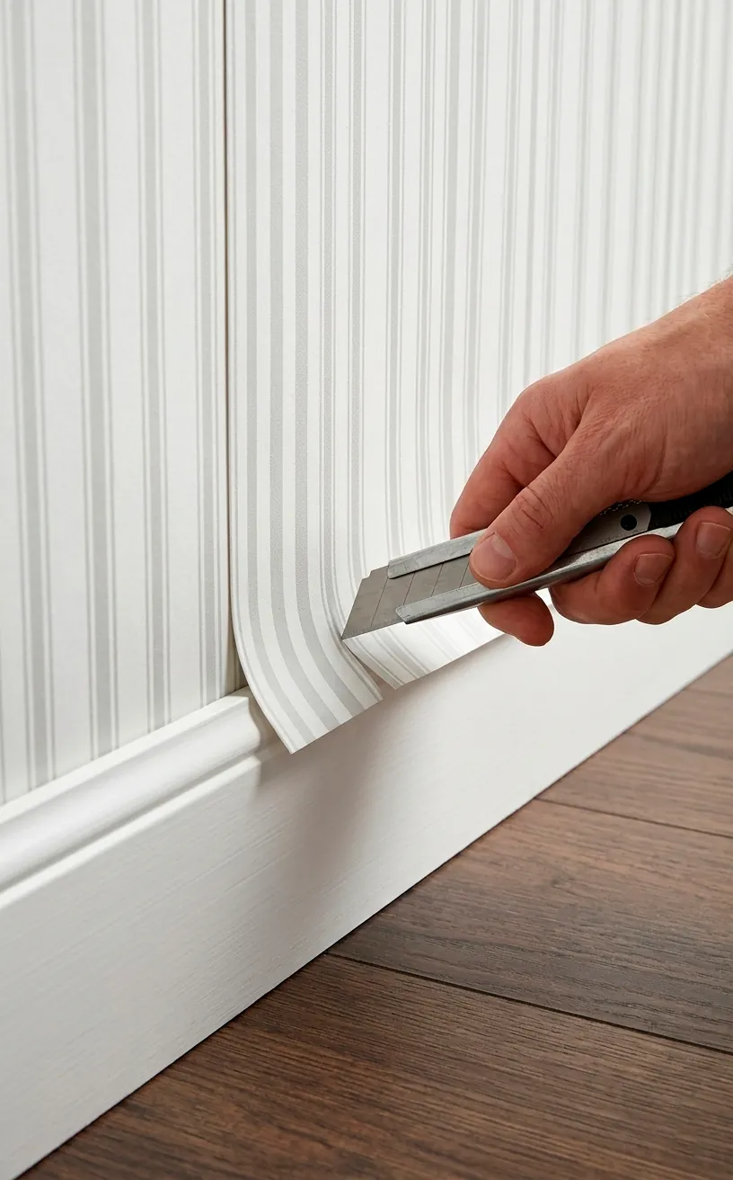 Trimming the bottom of striped wallpaper at the baseboard with a sharp utility knife.