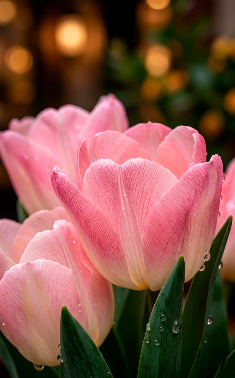 Macro shot of pastel pink tulip petals with tiny water droplets in a spring entryway.