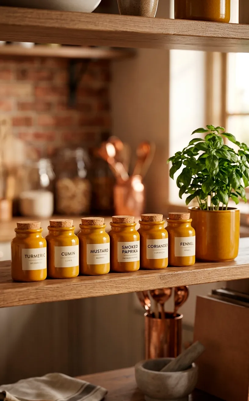 Mustard yellow spice jars and a potted herb on an open kitchen shelf.