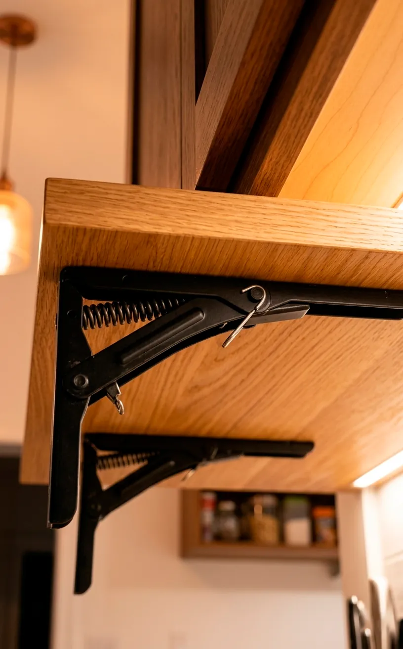 Spring-loaded folding brackets holding up a wooden counter extension in a van.