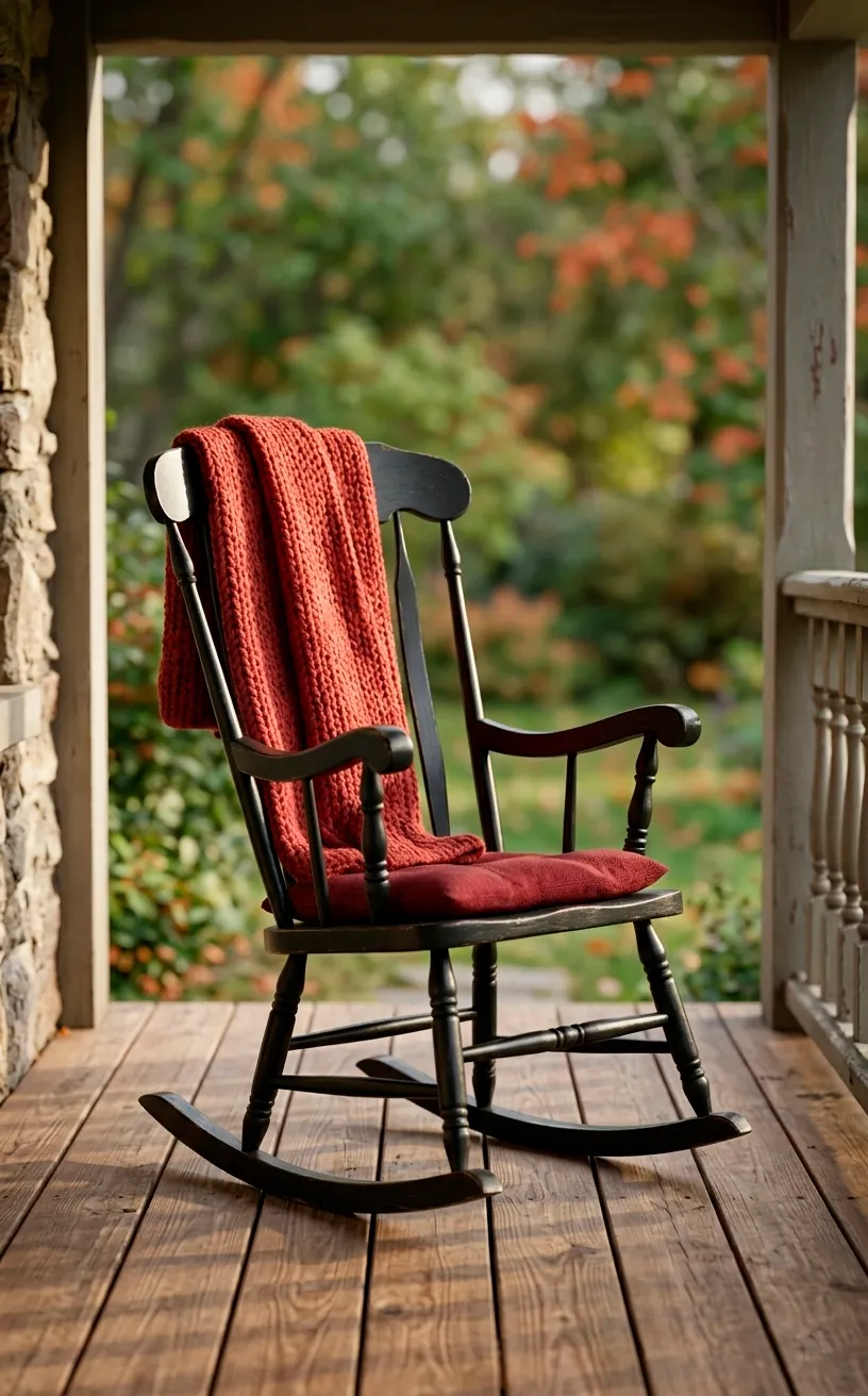Black rocking chair with a red throw blanket on a wooden porch floor.