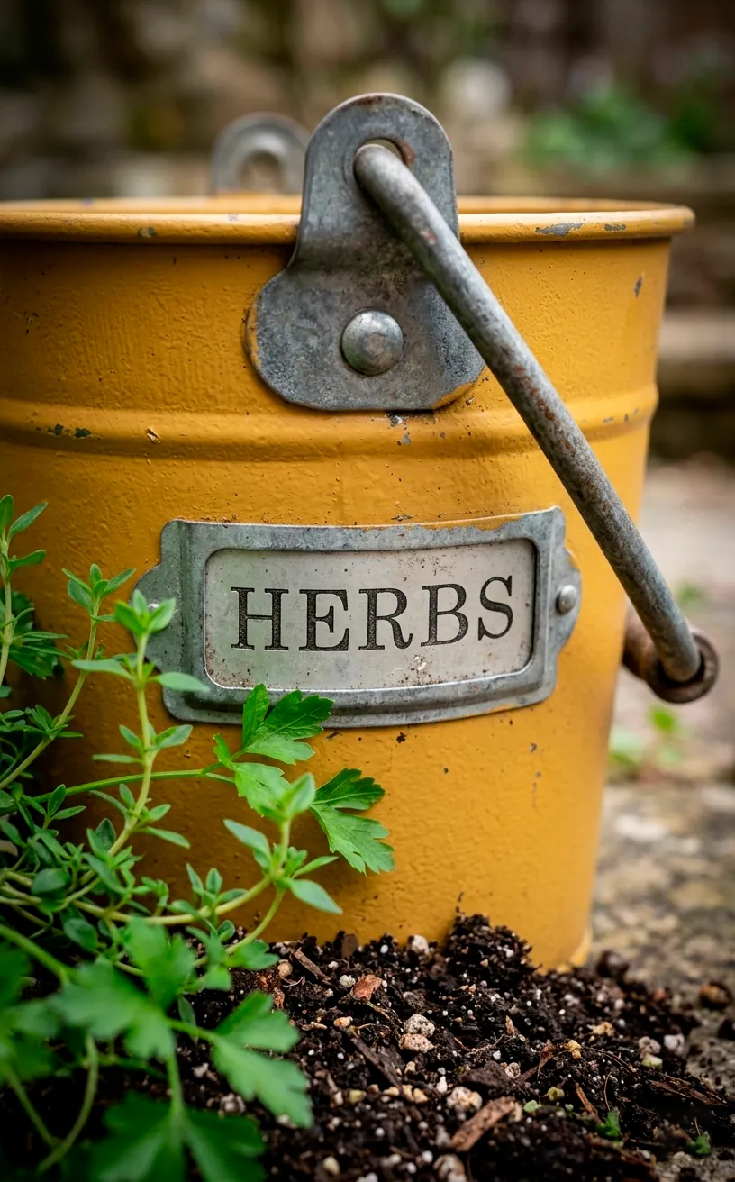 Close-up of a mustard yellow metal herb bucket with a small handle.
