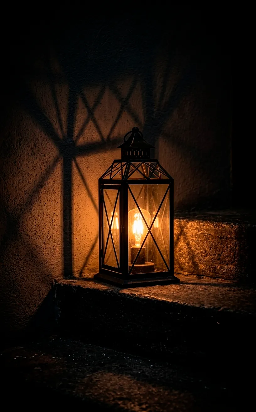 Black metal lantern with warm flickering light on dark stone steps.