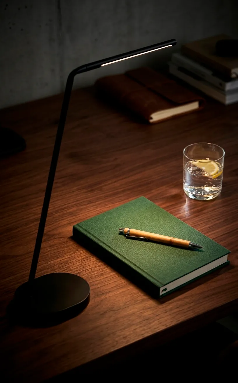Minimalist LED desk lamp illuminating a green notebook and bamboo pen on a wooden desk.